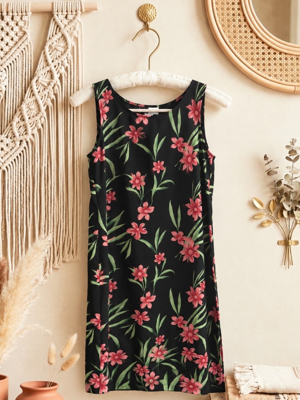 JM Collection Black Sleeveless Floral Shift Dress with Pink Flowers